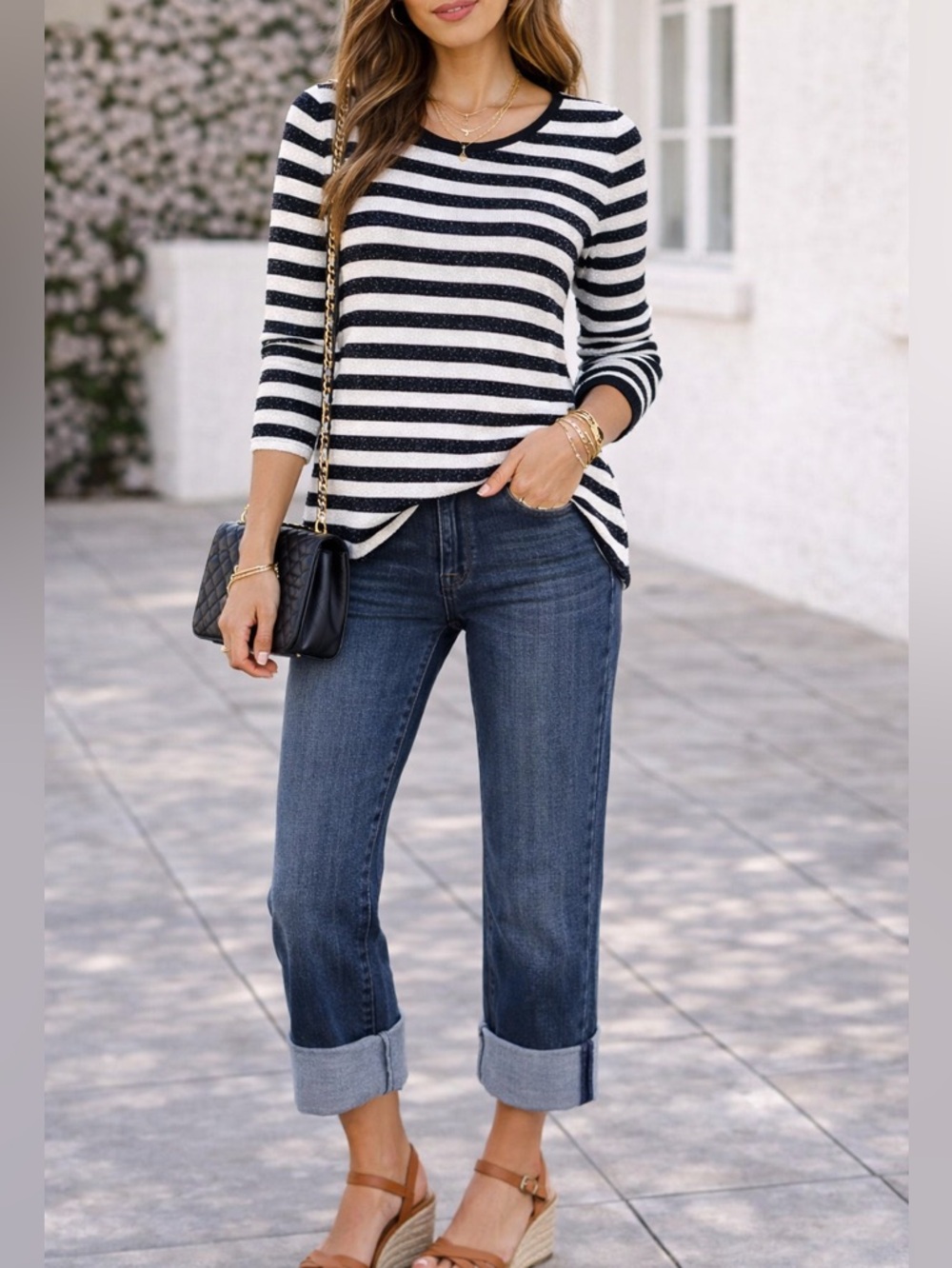 Sequin Navy & White Striped  Top ✨ Chic Classic Sweater XS Talbots